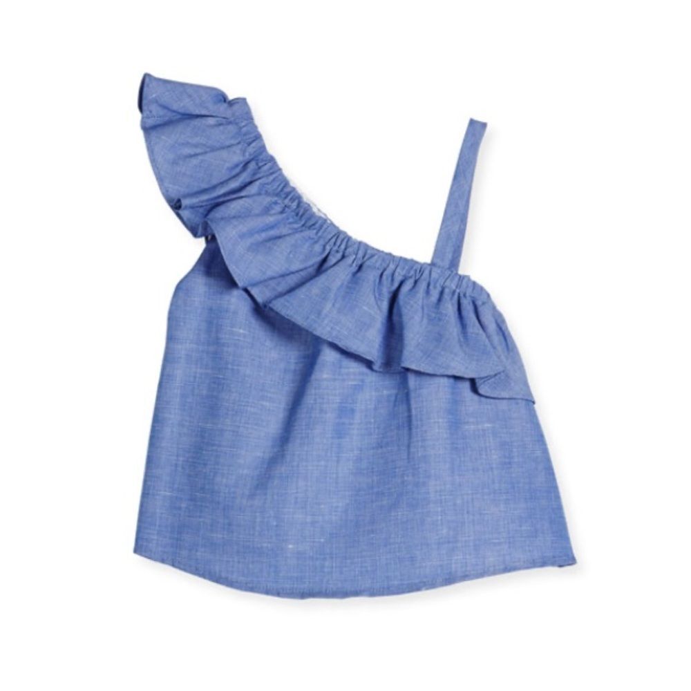 MILLY MINIS Ruffle-Trim Chambray Top, Blue One Shoulder Size 10